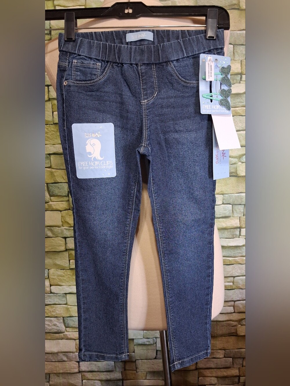New Girls 6X Blue Ink Jeans w/ Turquoise Butterfly Hair Clips